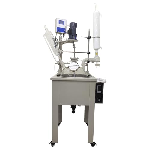 BREVELTION 30L Jacketed Glass Reactor, Single Layer Chemical Lab Reaction Vessel Device for Reaction Distillation Stainless Steel Bath Digital Display Adjustable Speed 60-600RPM