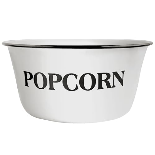 CWI 3.7-Quart Enamelware Popcorn Bowl - Round White Dish with Black Touches for Cinema Nights and Camping - Classic White with Black Rim, Durable (1 bowl)
