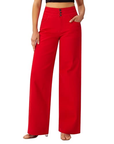 roswear Women's Wide Leg Jeans Casual High Waisted Stretch Baggy Loose Denim Pants Red X-Large