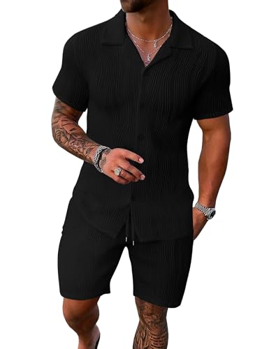 UOUA Summer Outfits for Men 2 Piece Short Sleeve Button Down Shirt & Shorts Set Casual Vacation Beach Tracksuit Cuba Black XL