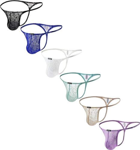 iKingsky Men's Lace See Throught G-String Underwear Sexy Low Rise Pouch Y-back Thong Underpanties (Medium, 6 Pack)