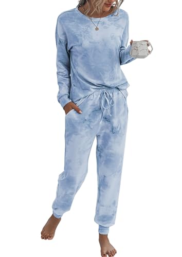 PRETTYGARDEN Women's Tie Dye Two Piece Pajamas Set Casual Long Sleeve Sweatshirt with Long Pants Loungewear (Grey,Medium)