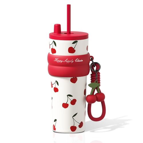 SDGA+ 24 OZ Stainless Steel Tumbler with Lid and Straw, Sidagar Insulated Water Bottle Leak Proof for Hot and Cold, Portable Iced Travel Coffee Mug, Reusable Thermal Coffee Cup For Women Women, Cherry