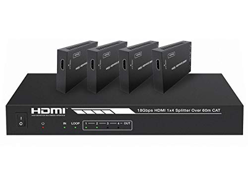 Monoprice 4K HDMI 2.0 1x4 Splitter Extender Kit - Up to 60 Meters 4K@60Hz, 18Gbps, HDR10, HDR10+, Dolby Vision, Hyper Log‑Gamma, HDCP 2.2, HDMI Loop Out, EDID, PoC, 4 Receivers - Blackbird Series