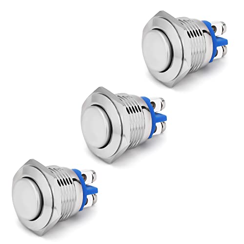 3pcs Momentary Push Button Switch, 19mm 3/4" Horn Button Switch with Screw Terminal, Waterproof Stainless Steel Metal Round Starter Power Switch 12V 24V 110V 250V 1NO SPST (High Round Head)