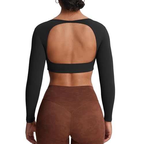 Aoxjox Long Sleeve Crop Tops for Women Clarissa Backless Workout Cropped T Shirt Top (Black, Medium)