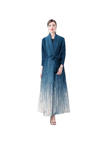 Gradual Color Pleated Trench Coat - Female Beauty Goddess Fan Wide Loose Long Miyake Coat Top Big Size (Peacock Blue,Uniform Size,Large)