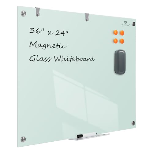 TSJ OFFICE Glass Dry-Erase Board - 36 x 24 Inches Wall Mounted Glass Magnetic Whiteboard, Large Frameless Glass White Board for Office, Home & School