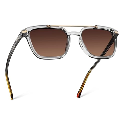 WearMe Pro Modern Men's Square Aviator Sunglasses - Clear Frames with Double Metal Bridge with Polarized Lens (Crystal Ice Grey Frame/Brown Gradient Lens)