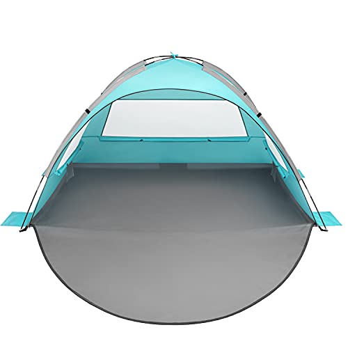 Oileus Beach Tent 2-3 Person Portable Sun Shade Shelter UV Protection, Extended Floor Ventilating Mesh Roll Up Windows Carrying Bag Stakes 6 Sand Pockets Fishing Hiking Camping, Sky Blue