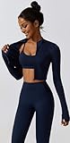 3 Piece Workout Sets for Women with Strappy Sports Bras High Waist Leggings Crop Top Jacket Gym Yoga Outfit S Navy Blue