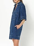 Fisoew Womens Denim Shirt Dress Summer Collared V Neck Mini Casual Jean Dresses with Pockets Blue