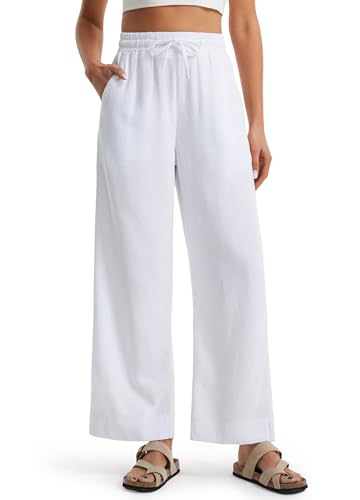 Libin Linen Pants Women Wide Leg Summer Casual Beach Palazzo Pants High Waist Cotton Linen Lounge Travel Work Trousers with Pockets, White,Large