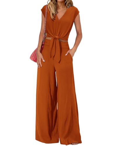 PRETTYGARDEN Women 2 Piece Sets 2025 Sexy Sleeveless V Neck Tie Waist Crop Tops Palazzo Pants Set Casual Lounge Wear(Solid Brown Orange,Small)