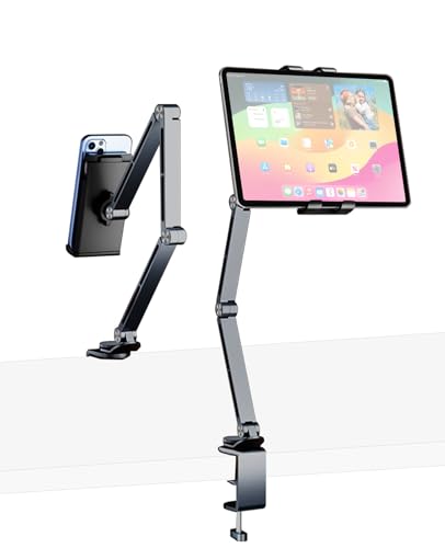 HIBORI iPad Mount for Desk Aluminum Alloy Tablet Stand Foldable Overhead Arm Holder Mount Fits for 4.7-15.6" Screen Phone,Kindle,Fire HD,Monitor,iPad,Galaxy Tab Series (Gray)