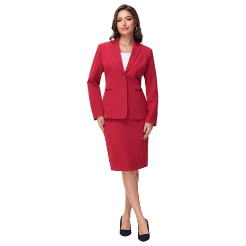 Lamgool Women's Business Skirt Suit Set 2 Piece Office Outfits Notched Lapel Blazer and Pencil Skirt (WineRed, Large)