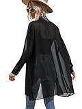 Floerns Women's Sheer Drop Shoulder Blouse Long Sleeve Collar Button Loose Shirts Tops Black S