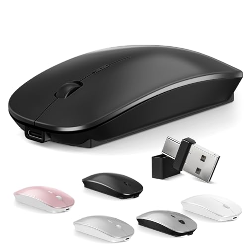 Normdecos Mouse for MacBook Wireless Bluetooth Mouse Laptop MacBook Air Mac Pro Rechargeable Silent PC iPad Optical Mice with Dual Mode Switch Bluetooth 5.2/3.0 and 2.4GHz USB Type-C Receiver Black