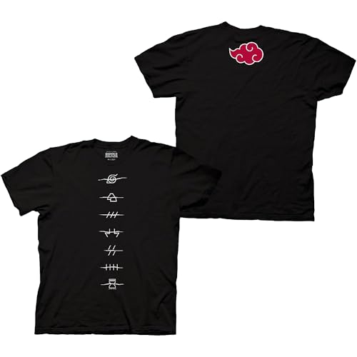 Ripple Junction Naruto Shippuden Men's Short Sleeve T-Shirt Anti-Village & Akatsuki Red Cloud Front Back Anime Medium Black