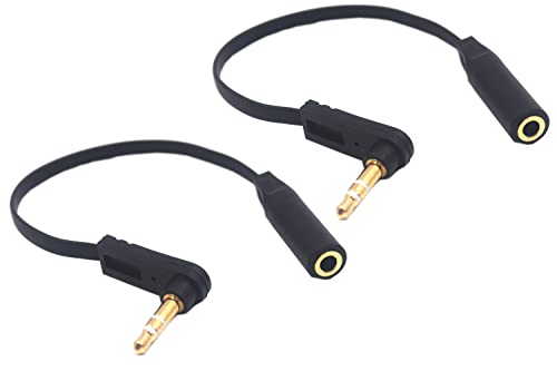 Kework 15cm 1/8" 3.5mm TRS Jack Extension Audio Flat Cable, 2 Pack, 90 Degree Angle 3.5mm 3 Pole Stereo Plug Male to Female Extender Headphone Headset AUX Cord