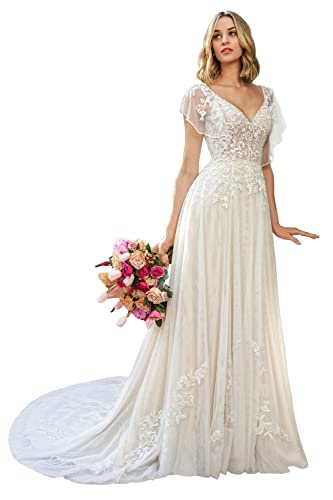 Ternlm Women’s Short Sleeves Beach Wedding Dress 2025 Gorgeous Lace Appliqued Sweetheart Bridal Wedding Gown for Bride Ivory 00