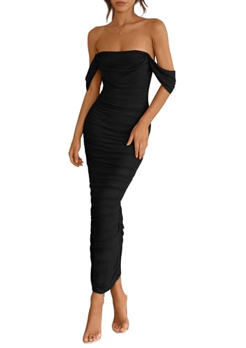 PRETTYGARDEN Womens 2025 Summer Off The Shoulder Dress Ruched Bodycon Sleeveless Split Cocktail Party Maxi Dresses (Black,Large)