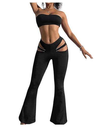GORGLITTER Women's Rave Cut Out Pants High Waisted Flare Leg Y2K Going Out Pants Disco Bell Bottom Trousers Black Medium