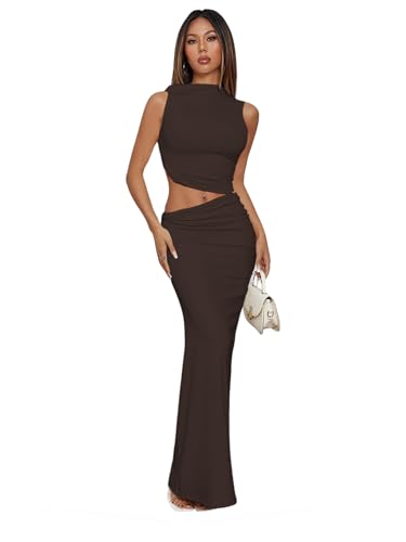 Verdusa Two Piece Sets for Women Going Out Tops and Bodycon Maxi Skirt Set Vacation Outfits Brown Small