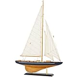 Deco 79 Wood Sail Boat Decorative Sculpture Home Decor Statue with Beige and Navy Accents and Lifelike Rigging, Accent Figurine 17" x 4" x 21", Brown