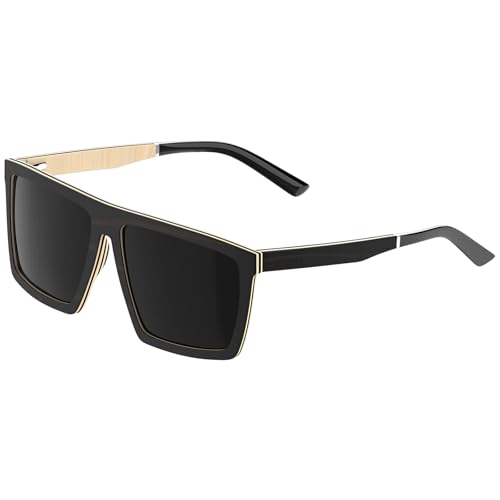ATTCL Wood Polarized Sunglasses for Men Women UV400 Protection Rectangle Frame Unisex Retro Style Sunglass Driving Fishing Golf Lightweight P162-C3-Black+Hutaomu
