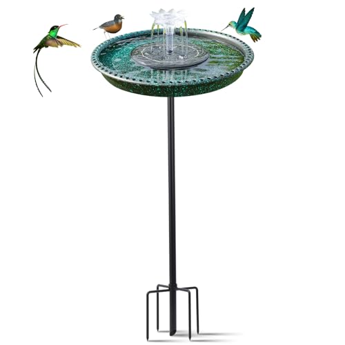 Bird Bath with Solar Powered Fountains for Hummingbirds,Stable Stylish Design with 5-Prong Base Stake Plastic Bird Bath for Outside Patio Yard Garden(Gift)
