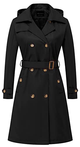 CREATMO US Long Trench Coat Women Mid Length Relaxed-Fit Water-Resistant Black L