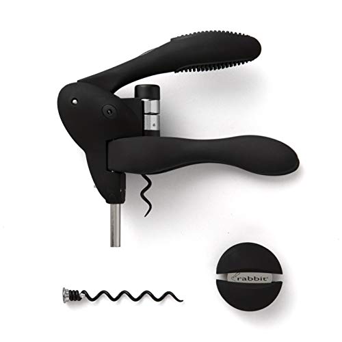 Rabbit Original Lever Corkscrew Wine Opener – Includes Foil Cutter and Extra Spiral, Easy Lever Wine Bottle Opener (Black)