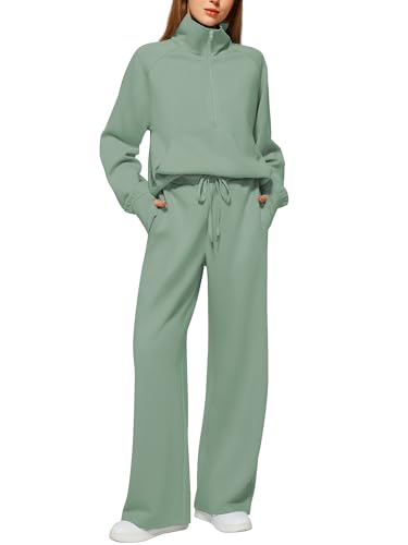 Casly Lamiit Womens 2 Piece Outfits 2025 Quarter Zip Sweatshirt Wide Leg Long Pants Lounge Jogger Sets Sweat Suits Spring Fashion Travel Clothes Set Tracksuit Pea Green S