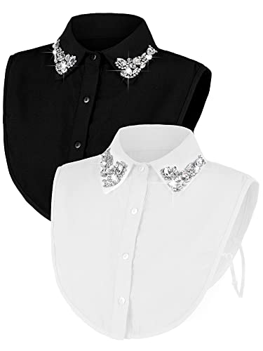 Bencailor 2 Pcs Rhinestone Fake Collar Dickey for Women False Half Shirt Blouse Detachable Collar(White,Black,M)