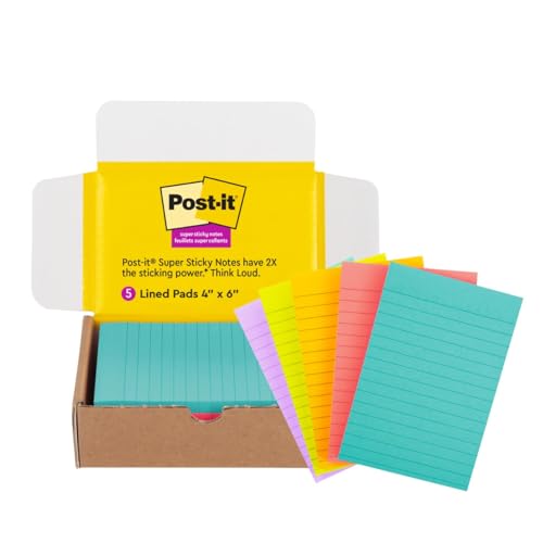 Post-it Super Sticky Lined Notes, 5 Sticky Note Pads, 4 x 6 in, School Supplies, Office Products, Sticky Notes for Vertical Surfaces, Bright Colors, Blue, Green, Yellow, Pink and Lilac