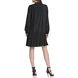 DKNY Women's Long Sleeve Tie Neck Pleated Shift Dress, True Black, 12