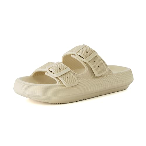 CUSHIONAIRE Fame Cloud Slides for Women with Adjustable Buckles, Waterproof Recovery Sandals for Women 2025 KHAKI 7