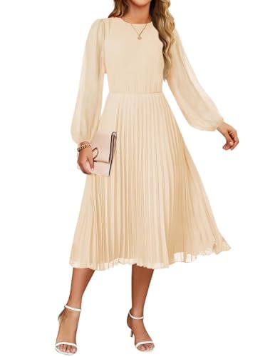 ZESICA Women's Fall Long Sleeve Dresses 2025 Casual Crewneck Chiffon Swing Pleated A Line Cocktail Party Midi Dress,Apricot,Medium