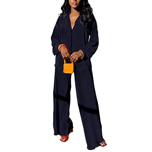 kaimimei Women 2Pcs Casual Outfits Set Button Down Long Sleeve Shirt High Waist Pleated Pants Sets Streetwear Loungewear