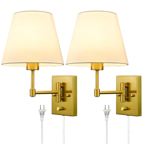 SAMTEEN Gold Plug-in Wall Sconces Set of Two Beige Shade Brass Swing Arm Wall Lamp with Plug-in Cord Wall Mount Light for Bedroom Living Room