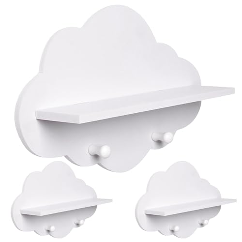GGpone Cloud Shelves 3PCS Cute White Cloud Shape Wood Floating Shelf with Coat Hanger Storage Rack Wall Mount Nursery Accessories for Nursery Shelves