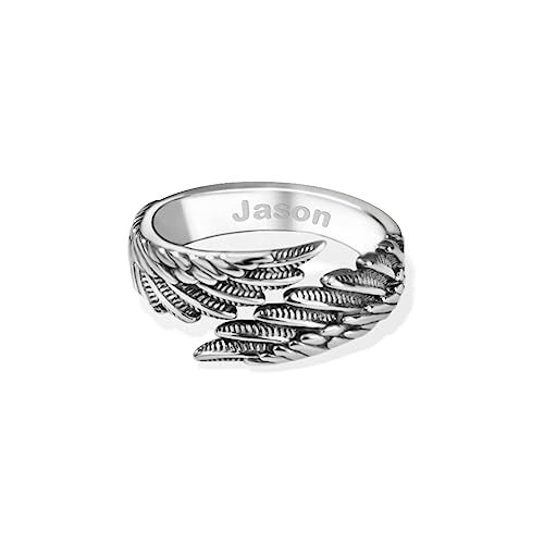 AILIN Custom Angel Wing Rings For Women Men 925 Sterling Silver Personalized Engraved Guardian Feather Band Rings Adjustable Memorial Rings Gift For Mom