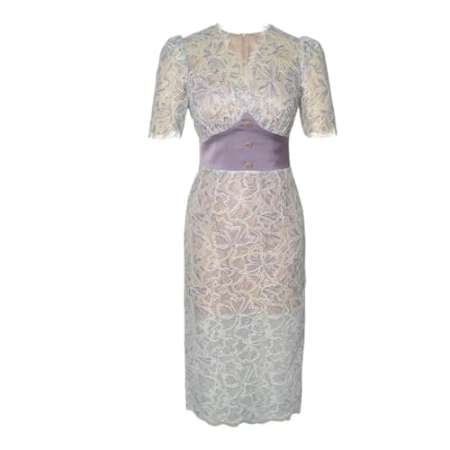 Women Elegant Gentle Dress Sexy Midi Dresses Sheer Lace Hook Flowers Bodycon Split Robe Light Purple M