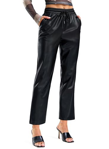 SANTINY Women's Faux Leather Pants High Waisted Straight Leg Cropped Ankle Trousers Vegan Matte Pleather Pants for Women Full Length(Black_M)