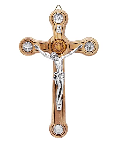 Mondo Cattolico - Crucifix wall cross Catholic Benedict During Pope's Angelus, Olive Wooden Wall crucifix with Jesus Crown of Thorns and the Four Roman Basilicas Medals - Jesus crucifix 7,87" x 4,78"