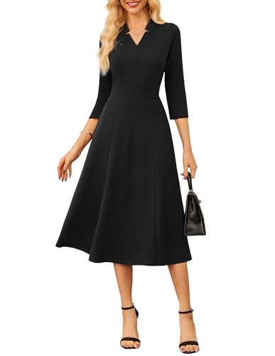 GRACE KARIN Womens Work Dresses V Neck 3/4 Sleeve Waist Dress Office Cocktail Dress with Pockets Black M