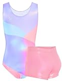 TENVDA Gymnastics Leotards for Girls 6-7 Years Old Sparkle Pink Blue Athletic Bodysuits Matching Tumbling Shorts Bottom Set