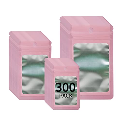 Funnyleaf 300 Pack 3 Sizes Resealable Mylar Holographic Bags Food Storage Smell Proof Bags with Front Window Packaging Pouch for Cookies Sample Jewelry Snack (Pink, 3 x 4.7 inch,4 x 6 in,4.7 x 7.9 in)