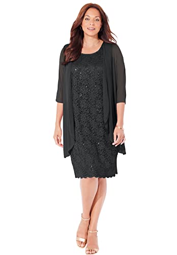 Catherines Women's Plus Size Sparkling Lace Jacket Dress - 18 W, Black